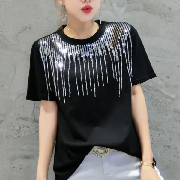 Kirahosi 해랑 5 여성 여름 반팔 티셔츠 캐주얼 빤짝이 스팽글 티셔츠 반소매 279 Ahg9iml