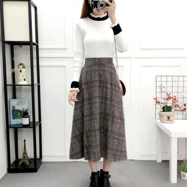 요고네 포켓 체크 플레어 A라인 롱스커트