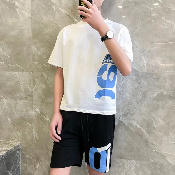 잘 생긴 여름 정장 트렌드와 트렌디 한 남자의 반소매 T 셔츠 남성 그물 빨간색 느슨한 동정심 셔츠 남성 정장, 9001 : 흰색과 검은 색 (세트) + 3XL