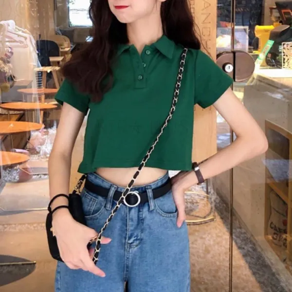 kirahosi 여자 여름 대학생 카라티 크롭티 반팔 티셔츠 + 덧신 증정 R4qtmtp