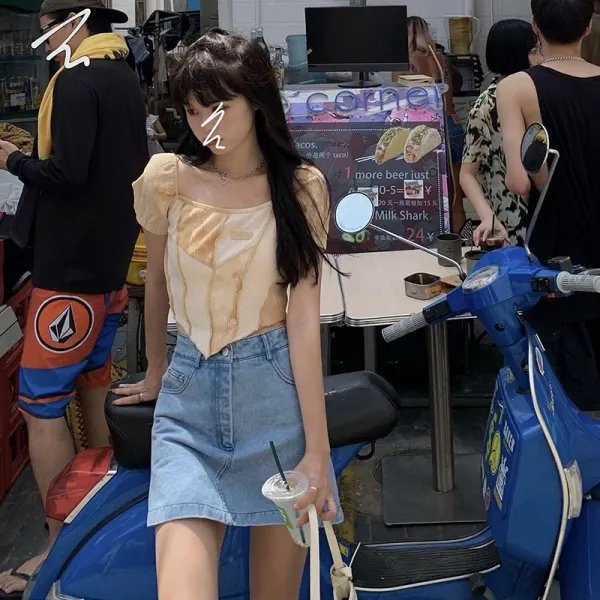 Jun.02 85번 화해 와히주스 크림치즈 쇼트 반팔 티 여자 썸머 미니멀 디자인감찰염 콜라주 톱z