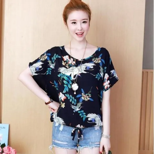 [뽐나] 여성 빅사이즈 우아한 학 날갯짓 반소매 티셔츠