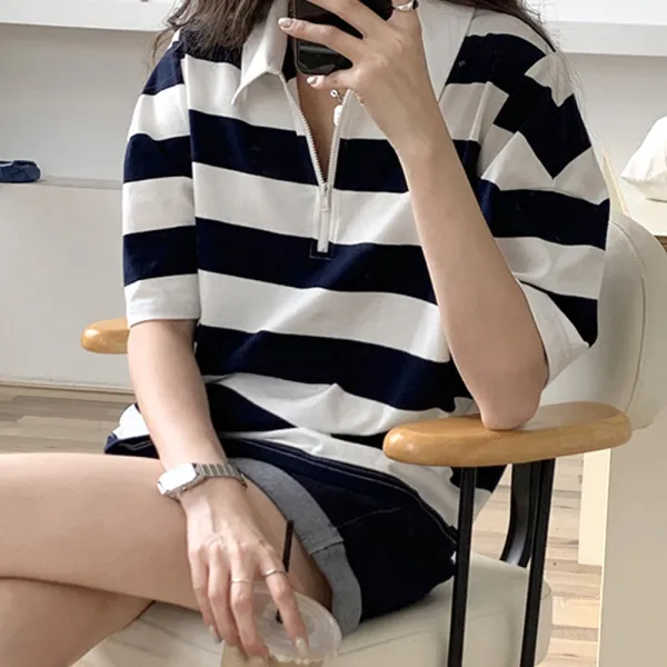 네모엔룩 여성용 단가라반집업 배색카라넥 굵은 스트라이프 반팔 티셔츠