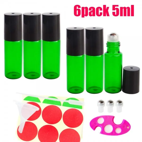 GreatforU 6pack 5ml 녹색 빈 유리 롤온 병 메이크업 에센셜 오일 향수 랩 샘플 용 리필 화장품 용기 무료 드로퍼 미니 깔때