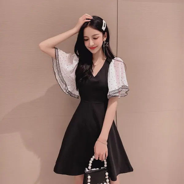 블랙바바 여성 브이넥 도트 A자라인 미니원피스 4XL까지A19061865