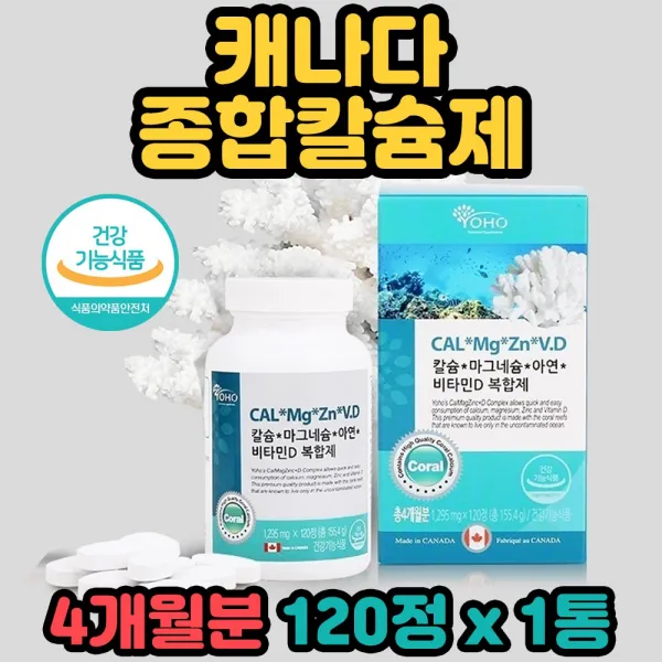 요호 캐나다 산호 칼슘 산화 마그네슘 아연 비타민D 종합 영양제 보충제 건강 보조 보조제 식품 추천 간 신장 임신 임산부 수유부 골절 어깨결림 충치 가려움증 치아 이빨 뼈 손톱 머리카락 비만 허리통 초조함 골격 개선 완화 에좋은 중년기 장년기 노년기, 1통, 120정