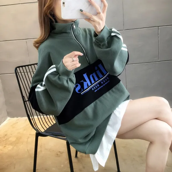 style시대 A1951 여성 춘추 스탠드칼라 페이크 레이어드 티셔츠 루즈핏 맨투맨 후드티
