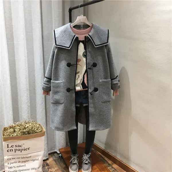 미짱 캐시미어롱코트 무드 체크 모직물 클래식 마린 옷깃의 길이 타입 토글 버튼 하고 있다 여성의류 8036