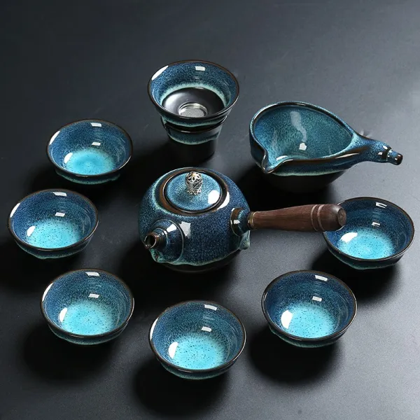 보여 건잔가마 균요 광휘 로얄킴스6인홈 룩 도자기 옆 손잡이 화상방지 가정용 다도 블루 박 유약 （서클 믹스 ）10 헤