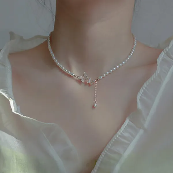 나나 스튜디오 1+1+1 진주목걸이 + 진주귀걸이 + 진주반지 패션 귀엽다 나비 펜던트 진주목걸이