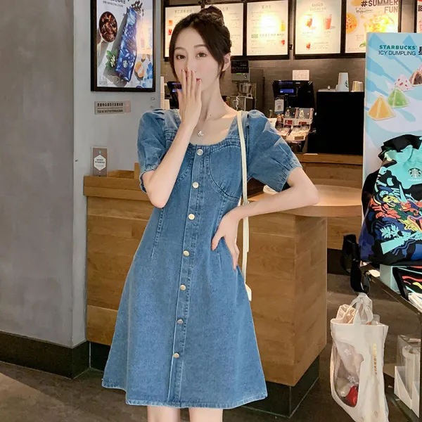 유별스토어 여성의류 여름옷 스윗 슬림핏 벌룬소매 허리보정 트렌드, 데님 블루 뒷돈 노출금액