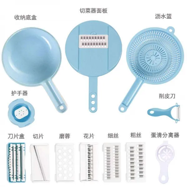 멀티 고성감자A 레이스 채를 썰다 신기 줄리앤 커터 슬라이서 주방소품용품 가정용 명주실을 긁다 닦기 명주실그릇, 블루 원형 12  [손보호대 기 _물