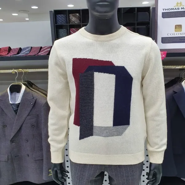 지이크 F 18F/W 아이보리 그래픽 배색 포인트 울 혼방 라운드 긴팔 니트 FWU8008IV