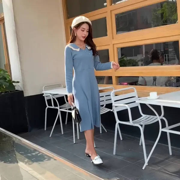 박시한 가 신법 빈티지 목폴라 스타일 문예 긴팔 니트 미디 니트 스커트[원피스0001]