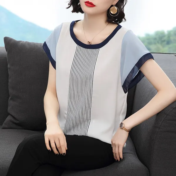 신설 방적 반팔 상의 서양기 톤온톤 여름 슬랙스 얇고 편한 라운드 중년 엄마 티