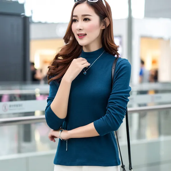 해외 추동반폴라레깅스여 순면솔리드긴팔티셔츠안착슬림화이트가을