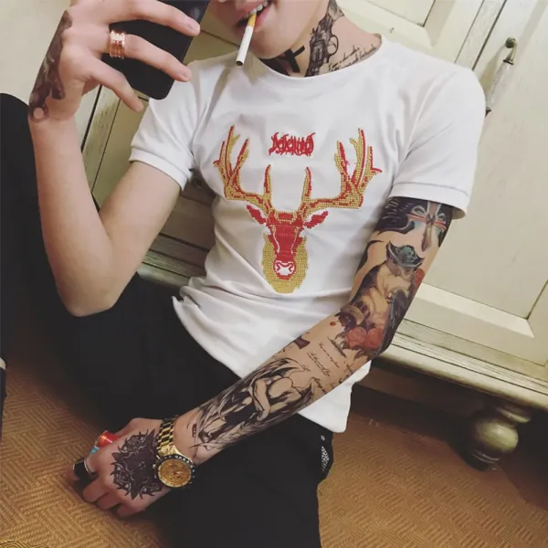 위파인더 여름 트렌드 슬림 자수 사슴머리 반팔 티셔츠 남사회정신 반소매남