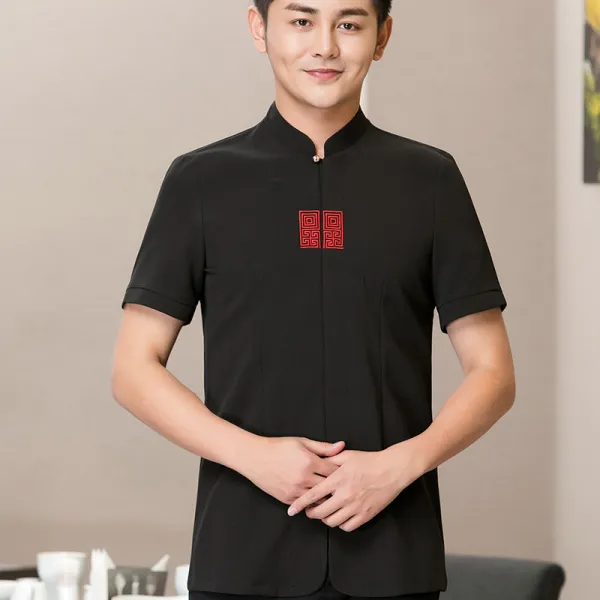 중식 사립 넥 프론트 오피스 남녀 여름 반팔 외식 호텔 프리미엄 룩, XXL 꽃반소매 남자타입 블랙