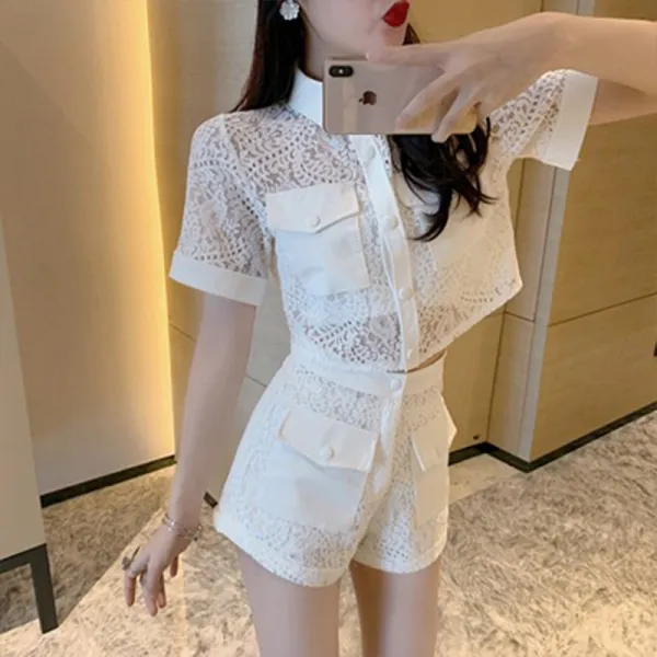 트렌디룩 여 여름 터틀넥 레이스 블라우스 숏 상의 하이 웨이스트 팬츠