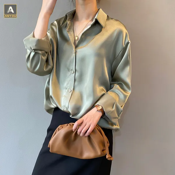 ANYOU 봄 가을 여성 데일리 루즈핏 긴팔 외투 셔츠 블라우스 실크블라우스 트랜드 여성블라우스