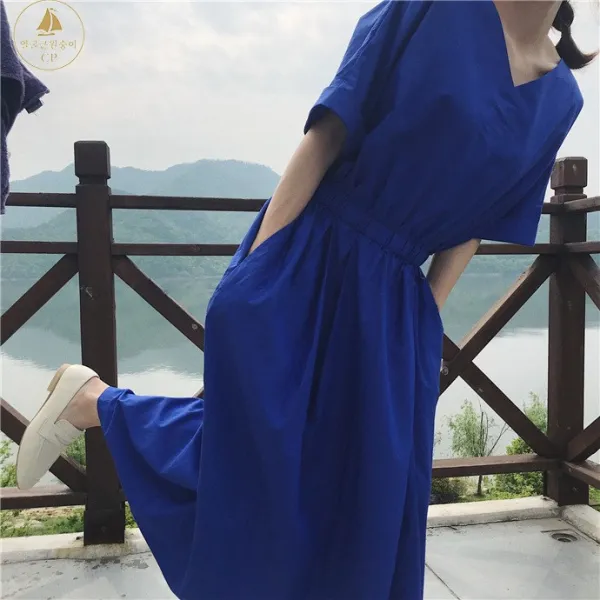 얼굴큰원숭이 여성 파란 브이넥 바스락원피스 롱원피스 루즈핏 여름