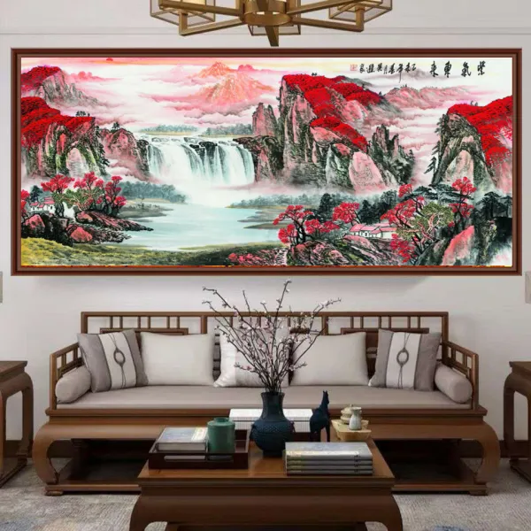 거실벽화 국화 산수화 밝은 해가 동쪽에서 떠오르다 풍수에좋은그림 사무실 서화 식당 마네키 뮤럴 3D 입체 스티커, AI 타입 :보라색 화가 난다 동쪽 콤비네이션 타입