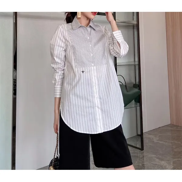 D아가씨 정황 속달수송인자리 무늬 꿀벌 자수 와이드 루즈핏 판 앞뒤 언발란스 스트라이프 단가라 미디롱 뒷자락 긴