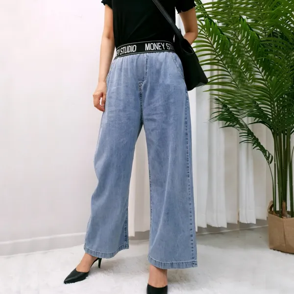 빅걸스토리 여성용 빅사이즈 밴딩 스판 와이드팬츠 통넓은 청바지