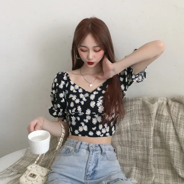 루루윗 퍼프소매 달콤하고 맵다 무드 크롭 상의 여성 여름철이 색다르다 감소함 데이지 걸스 인싸템 벌룬소매 숏 트렌드