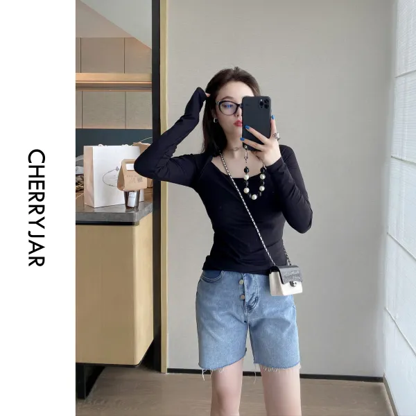 이너 긴 소매 티셔츠 어쩌다가 기녀 한번 쇄골 빼어나다 일자 스퀘어넥 롱슬리브티 여성 가을 슬림 핏아우터 2984408261