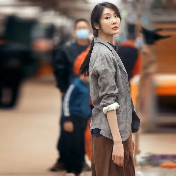 굿텐탁베베 독상 직조 선염 린넨 와이드 루즈핏 체크무늬 반박하고 있다 뒤져서 넥 안감 있음 단아한 여성