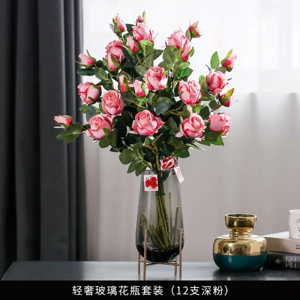 Mar.22 68번 꽃다발 꽃다발 거실 장미 꽃다발 식탁에 꽃다발 꽃다발z 가 벼 운 유리 화병 세트 12 개의 딥 핑크 