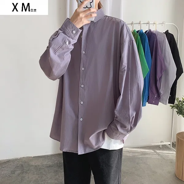 Ulzzang 셔츠 남학생 문예 순색 계열 보석 블루 insbf 慵 게으름 여 코트 동정, 연한자색