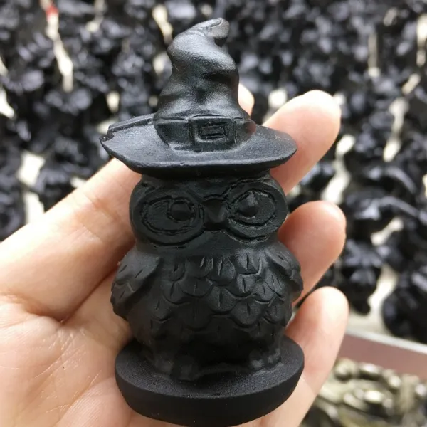 진묘수 귀여운 자연적인 돌 검은 흑요석 수제 새겨진 이집트 올빼미 하나님 동물 강력한 홈 선물