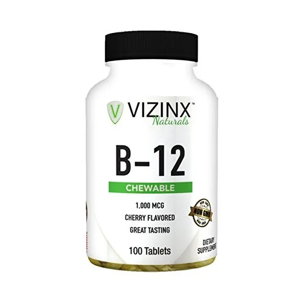 Vizinx B-12 1000 개 MCG 체리 맛 (100 개) 정제 에너지 농도 및 정신 명확성을 제공합니다. 비 GMO., 단일상품