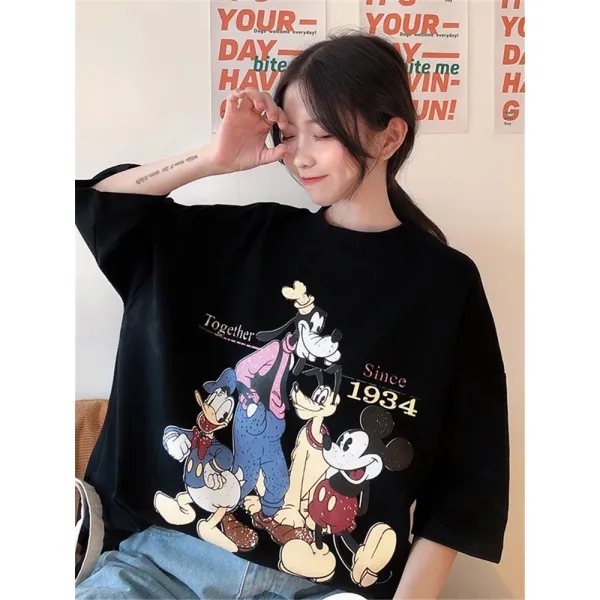 현명한소비 반팔티셔츠 반소매티셔츠 반팔T셔츠 네이키드 ins 앤틱 소녀 하의 뉴 캐릭터 미키 나태 바람 탑