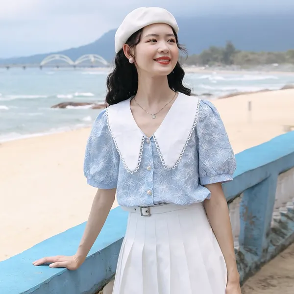 에라몰 블루반팔셔츠 클래식 보이핏 볼륨 여성 여름철이 색다르다 감각 벌룬소매 플랫카라