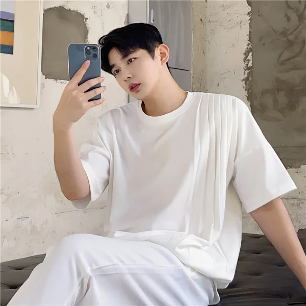 케이스틴코리아 언발란스반팔티 여름 개성 디자인 크러쉬드 남성 보이핏 볼륨 와이드 루즈핏 캐쥬얼 격조 t셔츠