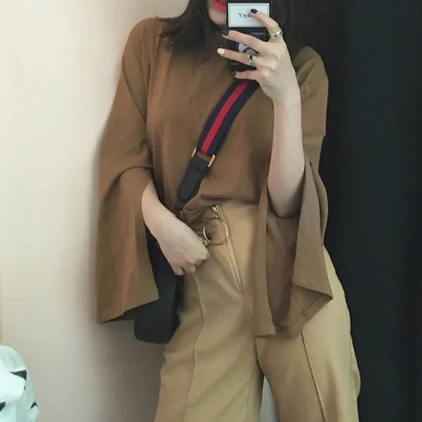 스타일리쉬 라운드 트임소매 티셔츠 캐주얼 데일리 일상 여대생 상의 간절기