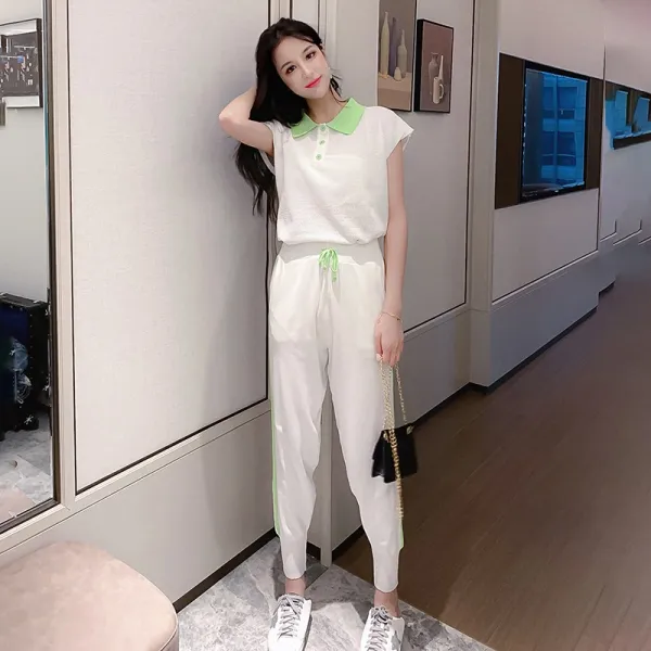 데일리룩 패션 시티 캐주얼 카라 배색 반팔 티셔츠x배기 팬츠 세트