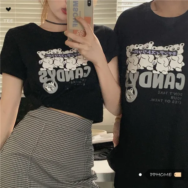 레터링 반팔티 커플 간노작은 비밀 코리아 감미롭다 큐트 곰돌이 이니셜 플라워 길이 티셔츠
