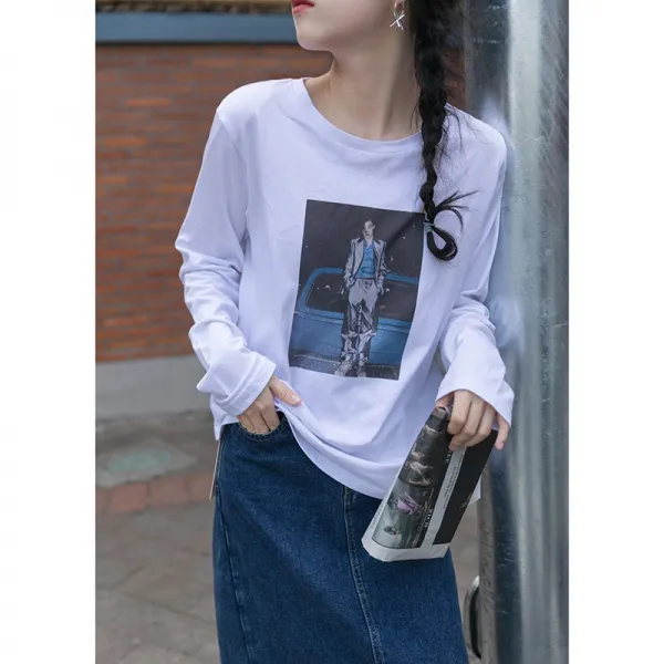 확정함 화이트 긴 소매 티셔츠 여성 봄가을 계절 와이드 루즈핏 상의 INS트렌드