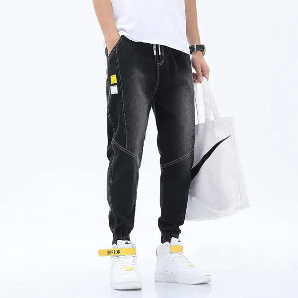 남자 청바지 여름 얇은 9부 바지 와이드 밴딩 허리 스트레이트 통 유속 발 캐주얼 팬츠