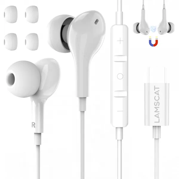 LAMSCAT 타입 c 이어폰 유선 마이크 부착 32bit384Khz Typec ENC 노이즈 캔슬링 DAC 내장 캐널형 와이어 제어 통화 c단자 텔레워크 온라인 회의 게임 적응(흰색)
