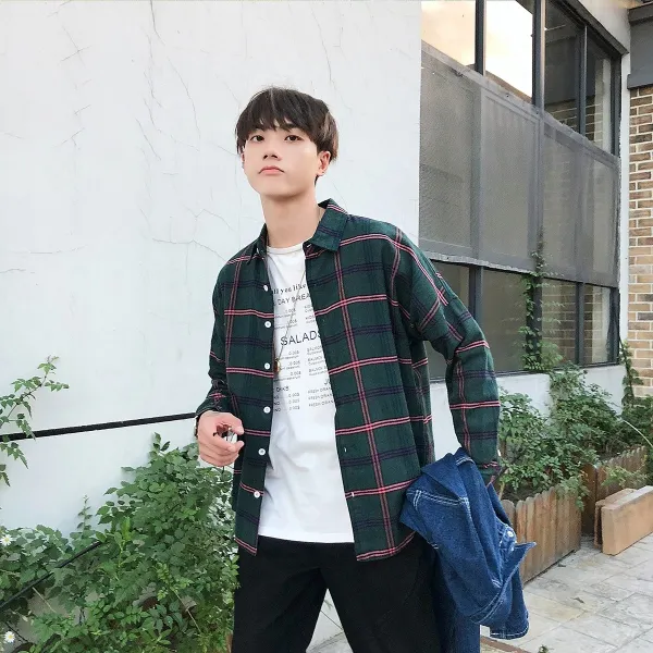 체크 심기 스웨인 패기류 외 Ulzzang 핸즈프리 chic 이른 가을 셔츠 남 디자인 느낌, 차이나그린