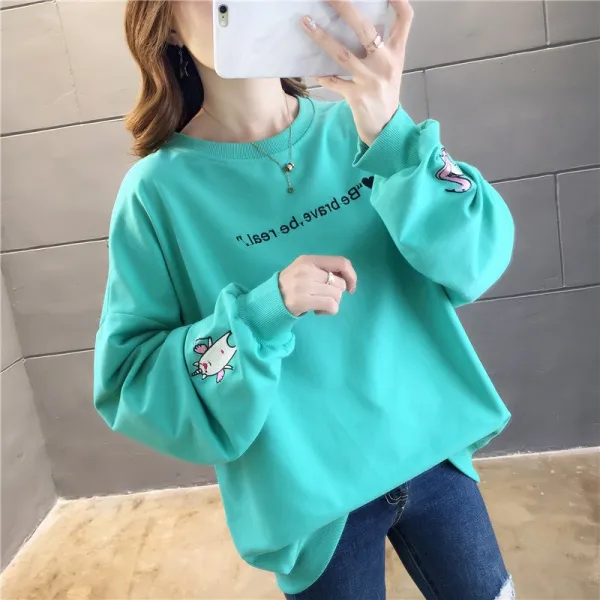 Zoneshop 여성 긴팔 라운드 티셔츠q37