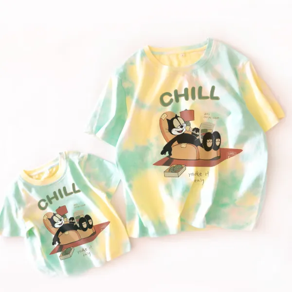 캐릭터티 소파 고양이 엘로 그린 홀치기염색 면 패밀리룩 반팔 일가 3 네 식구 여름 3796408091, 90 야드 정 사이즈  아기 롱 얻다, 그린