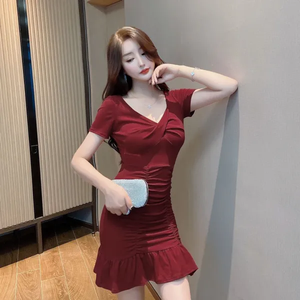 통제함 3섹시 순면 코튼 반팔 주름 나이트클럽