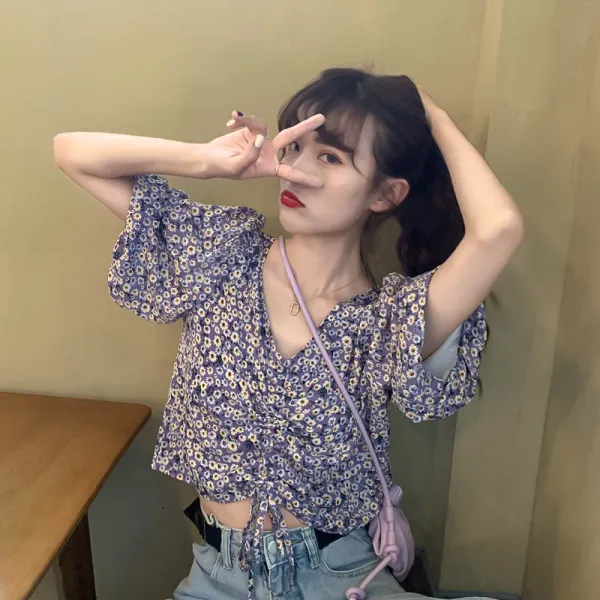 향긋한 토란 자줏빛 플라워 줄타기 v넥 숏 버블 소매 눈방적 블라우스 여 셔츠 아주 선한 상의 초선하