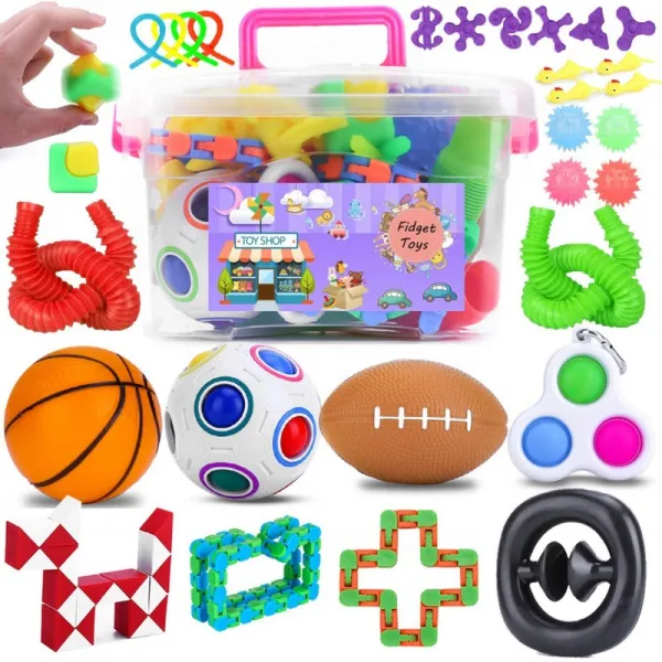 BRIGHT MOON 30 Pcs Fidget Toy Set 어린이용 Sensive Fidget Toys Pack 및 간단한 보조개 원숭이 국수 팝 튜브가 포함, 1, 단일옵션